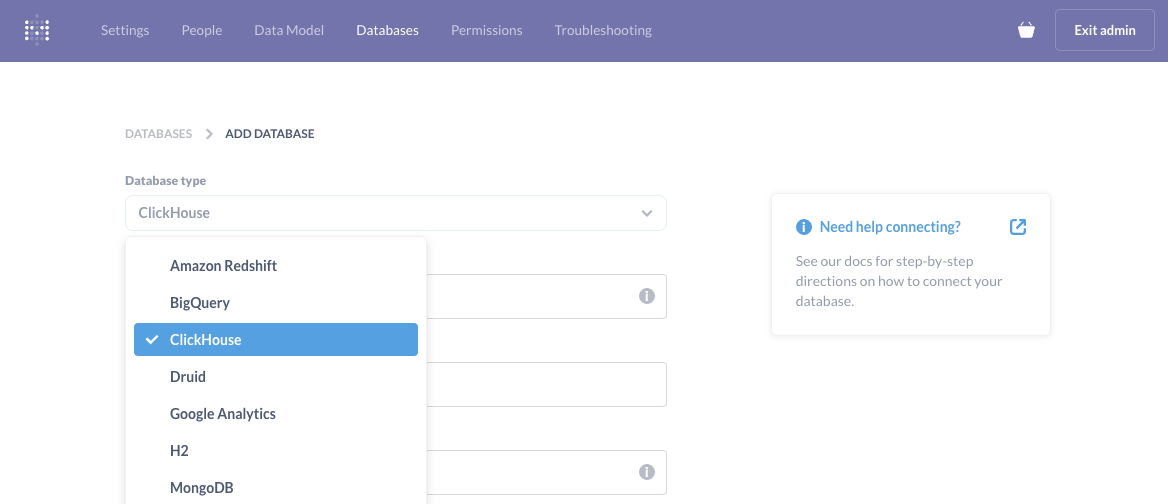 Выбор базы данных в Metabase с ClickHouse в качестве варианта