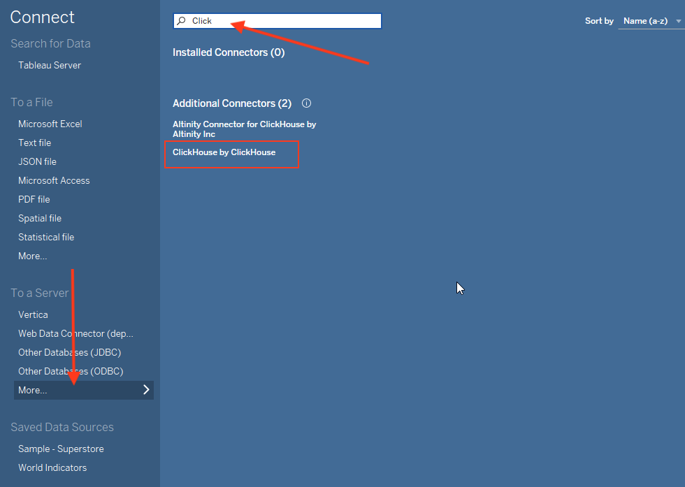 Экран подключения Tableau с меню выбора коннектора, где выделен вариант ClickHouse by ClickHouse